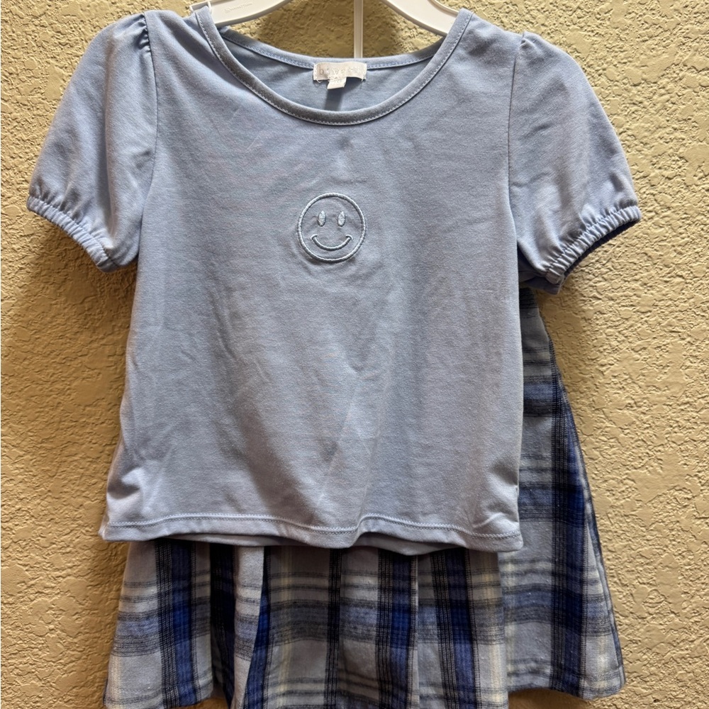 btween Light Blue Smiley Face Shirt with Plaid Skort